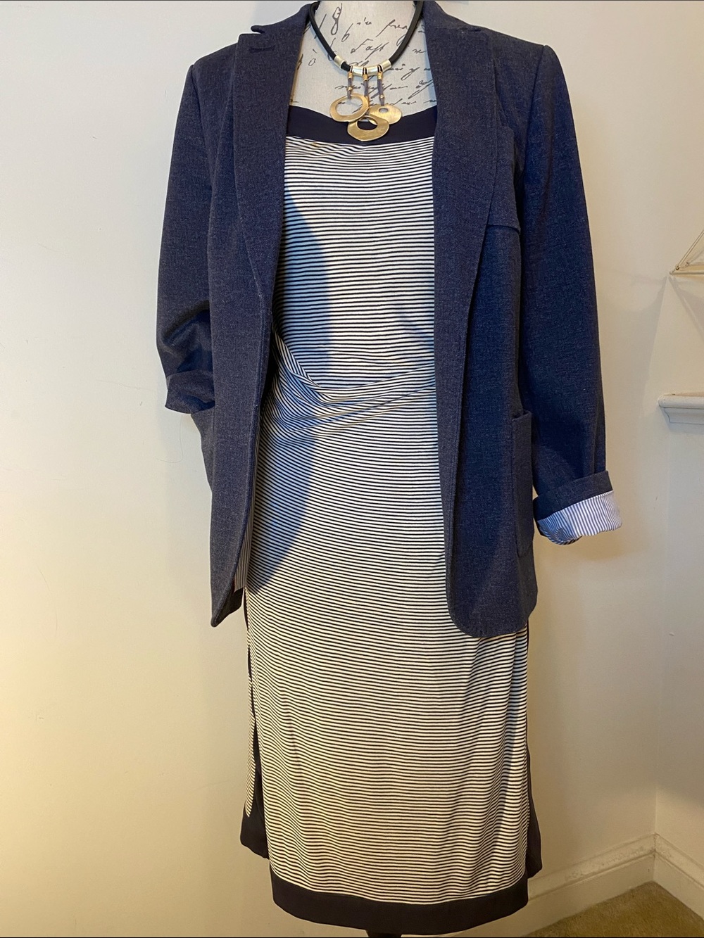 Tory Burch Kyla Sleeveless Striped Wrap Style Midi Dress Navy & white